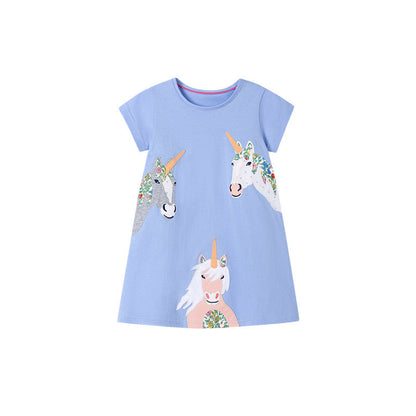 MyKids-USA® Unicorn Cartoon Pattern Short Sleeves Dress for Stylish Girls