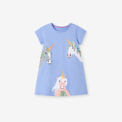 MyKids-USA® Unicorn Cartoon Pattern Short Sleeves Dress for Stylish Girls