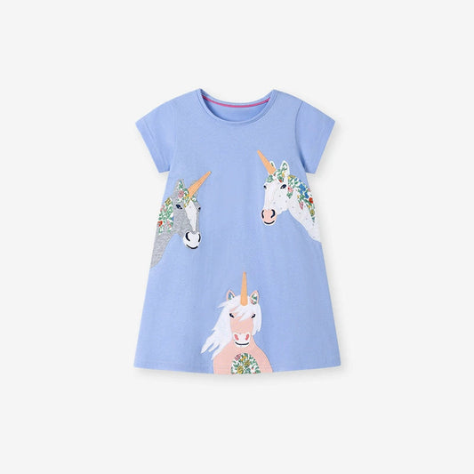 MyKids-USA® Summer Arrival Unicorn Cartoon Pattern Short Sleeves Dress for Stylish Girls