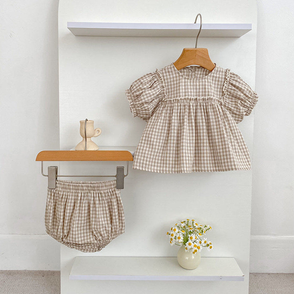 MyKids-USA® Baby Kids Girls Flowers/Plaid Pattern Short Sleeves Top and Shorts Clothing Set