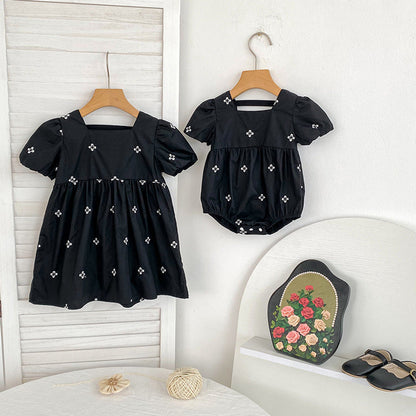 MyKids-USA® Baby Girls French-style Flowers Pattern Short-sleeved bodysuit or Dress – Princess Sister Matching