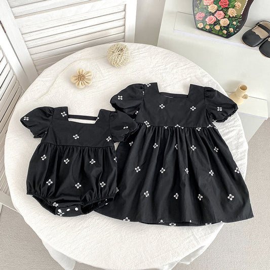 MyKids-USA® Baby Girls French-style Flowers Pattern Short-sleeved bodysuit and Dress – Princess Sister Matching Set