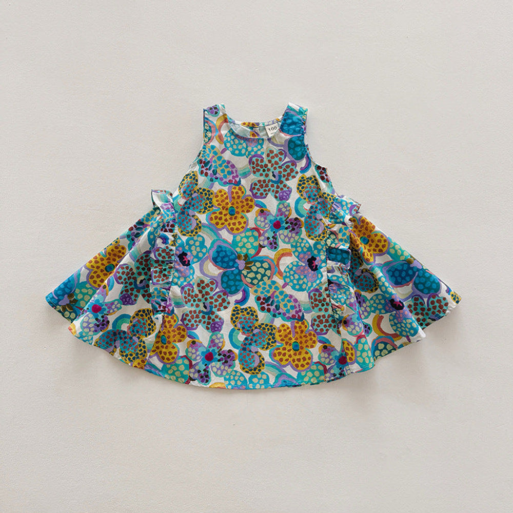 MyKids-USA® Colorful Flowers Pattern Crew Neck Sleeveless Dress for Stylish Girls