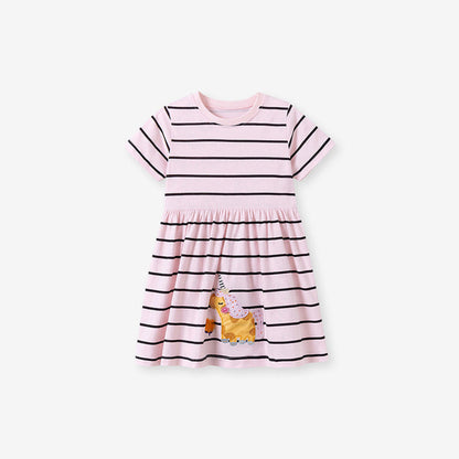 Summer Striped Dress for Girls, European and American Cute Animals Cartoon Pattern Dress