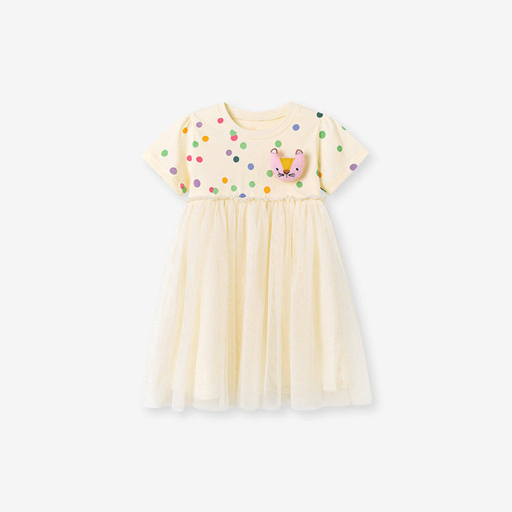 MyKids-USA® Polka Dots Pattern Short Sleeves Tulle Patchwork Dress for Stylish Girls