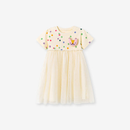MyKids-USA® Polka Dots Pattern Short Sleeves Tulle Patchwork Dress for Stylish Girls
