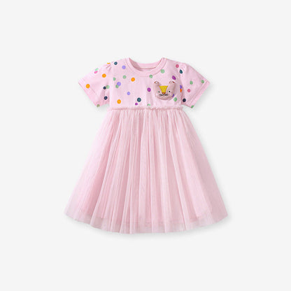 MyKids-USA® Polka Dots Pattern Short Sleeves Tulle Patchwork Dress for Stylish Girls