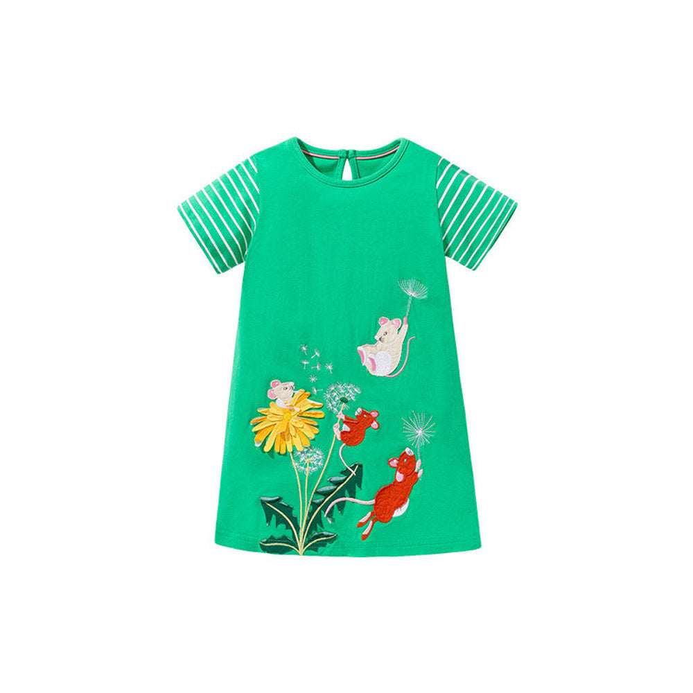 MyKids-USA® Animals and Flowers Cartoon Pattern Short Sleeves Dress for Stylish Girls