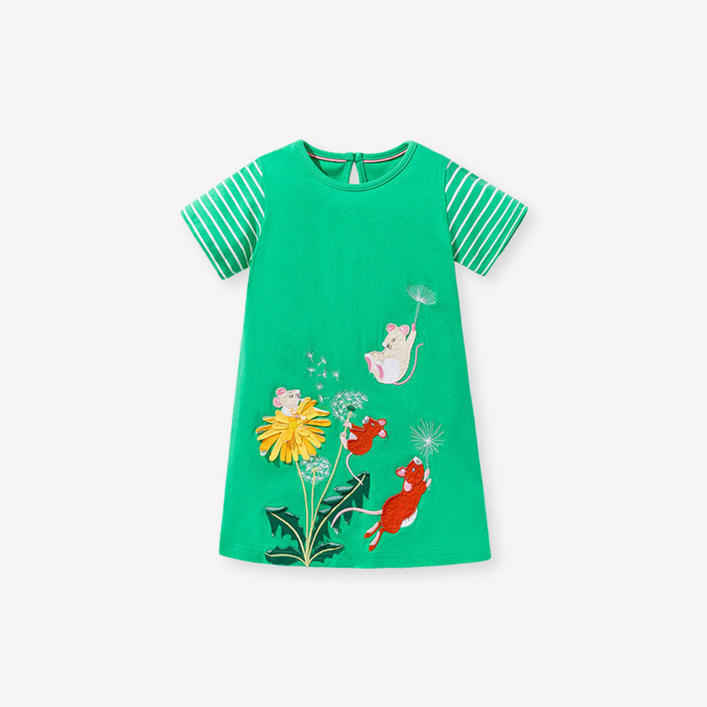 MyKids-USA® Animals and Flowers Cartoon Pattern Short Sleeves Dress for Stylish Girls