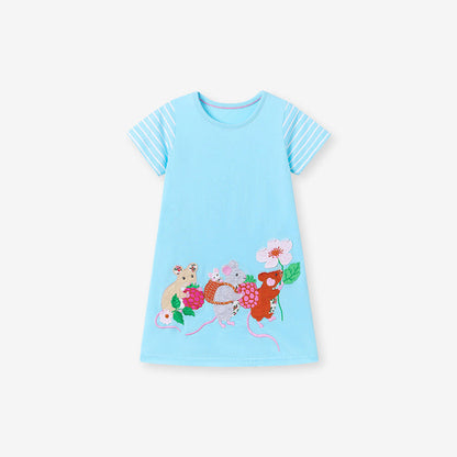 MyKids-USA® Pure Cotton Animals Cartoon Pattern Short Sleeves Dress for Stylish Girls