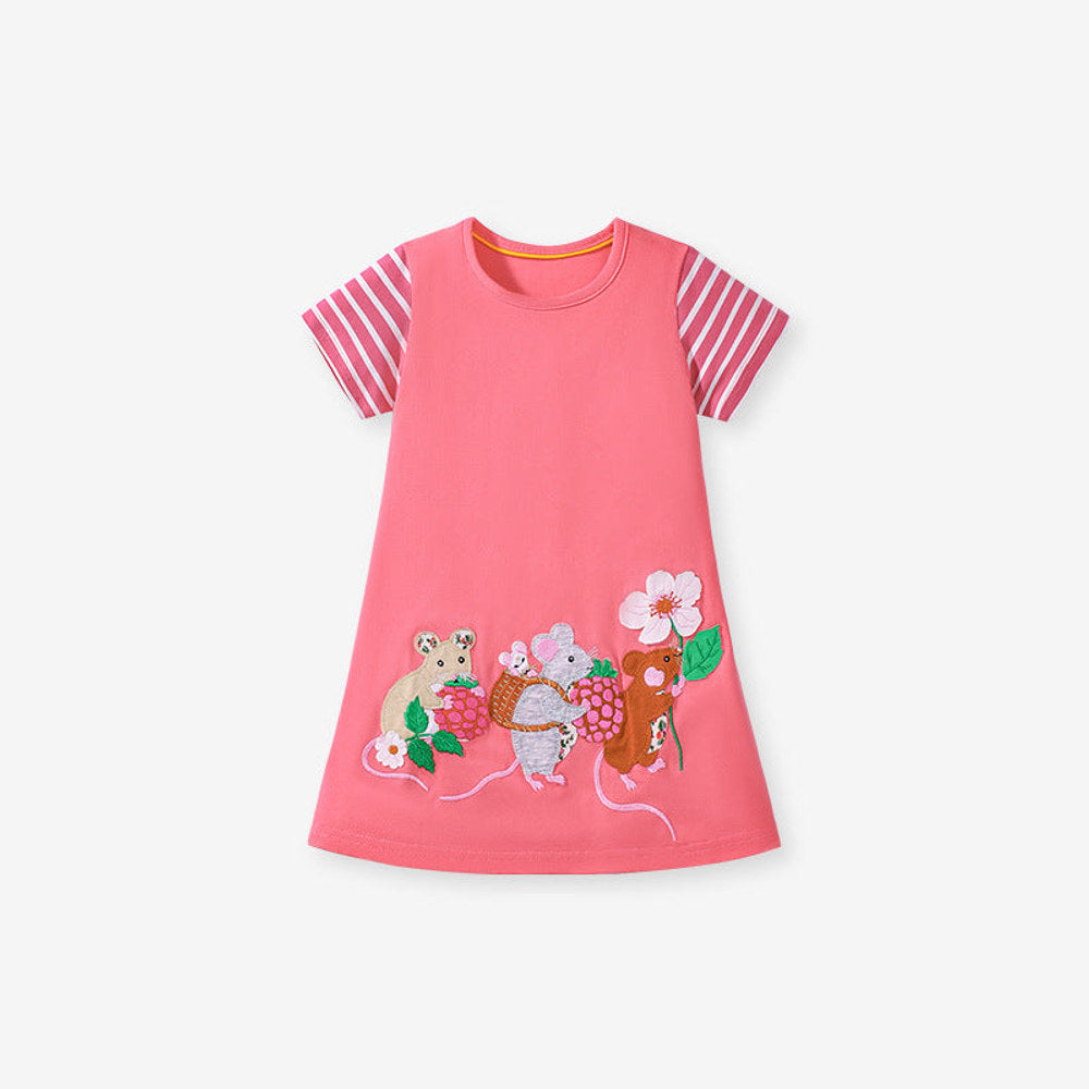 MyKids-USA® Pure Cotton Animals Cartoon Pattern Short Sleeves Dress for Stylish Girls