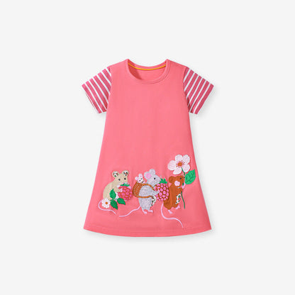 MyKids-USA® Pure Cotton Animals Cartoon Pattern Short Sleeves Dress for Stylish Girls