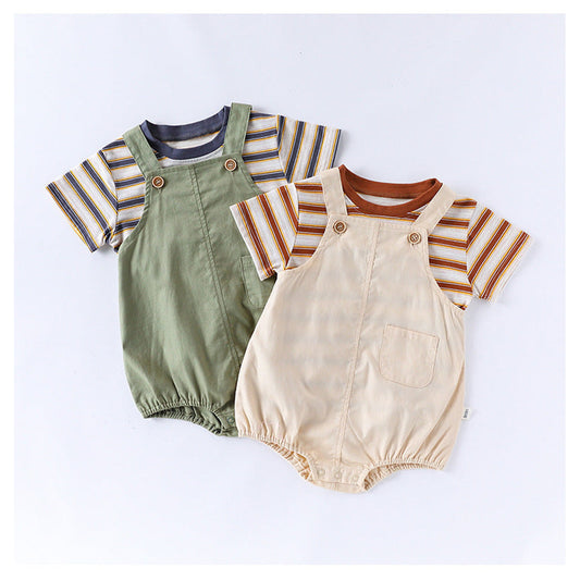 MyKids-USA® Baby Kids Unisex Striped Pattern Short Sleeves T-shirt and Plain bodysuit Overalls Clothing