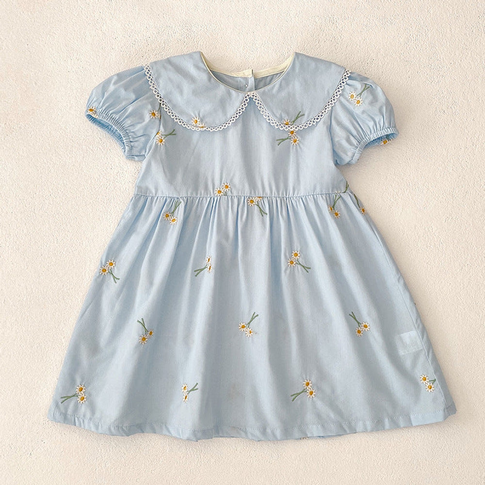MyKids-USA® Girls Simple Floral Embroidery Lace Trim Collar Short Sleeves bodysuit or Girls’ Dress – Princess Sister Matching