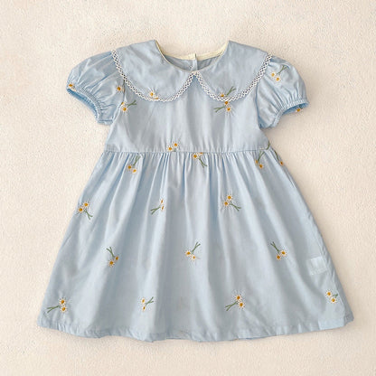 MyKids-USA® Girls Simple Floral Embroidery Lace Trim Collar Short Sleeves bodysuit or Girls’ Dress – Princess Sister Matching