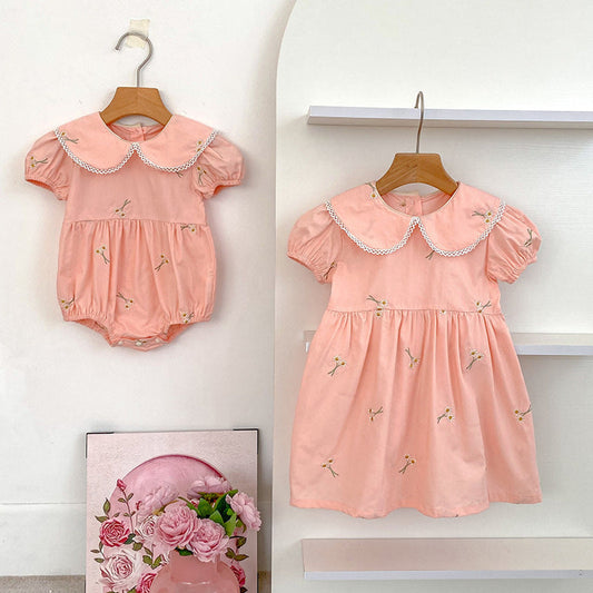 MyKids-USA® Girls Simple Floral Embroidery Lace Trim Collar Short Sleeves bodysuit and Girls’ Dress – Princess Sister Matching