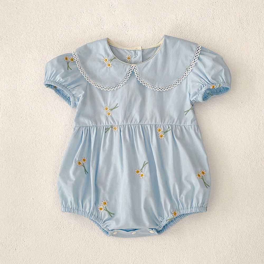MyKids-USA® Girls Simple Floral Embroidery Lace Trim Collar Short Sleeves bodysuit or Girls’ Dress – Princess Sister Matching