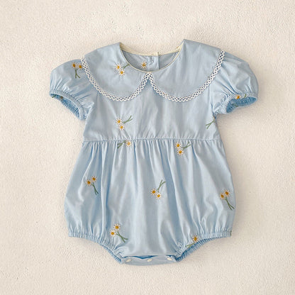 MyKids-USA® Girls Simple Floral Embroidery Lace Trim Collar Short Sleeves bodysuit or Girls’ Dress – Princess Sister Matching