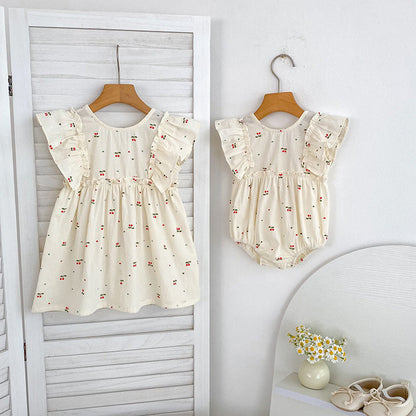 MyKids-USA® Girls Simple Cherry Pattern Fly Sleeves bodysuit or Girls’ Dress – Princess Sister Matching