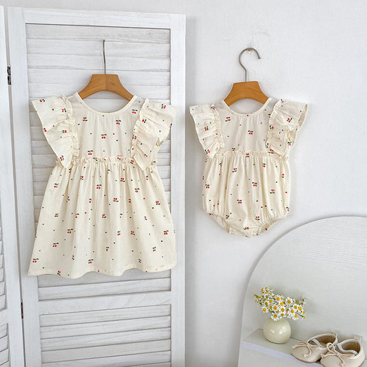 MyKids-USA® Girls Simple Cherry Pattern Fly Sleeves bodysuit and Girls’ Dress – Princess Sister Matching