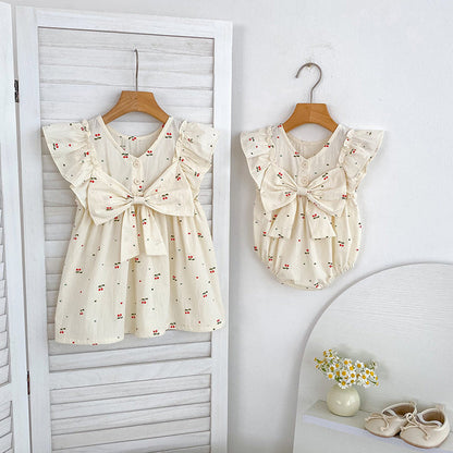 MyKids-USA® Girls Simple Cherry Pattern Fly Sleeves bodysuit or Girls’ Dress – Princess Sister Matching