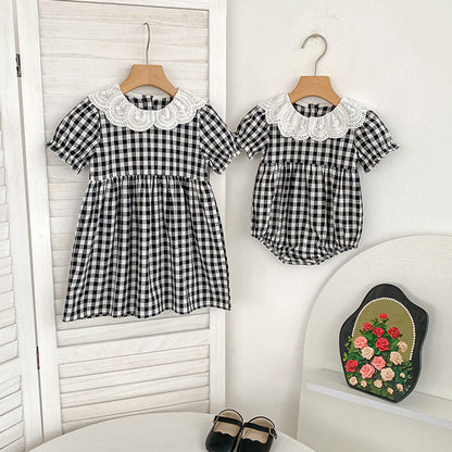 MyKids-USA® Girls Simple Plaid Pattern Short Sleeves bodysuit or Girls’ Dress – Princess Sister Matching