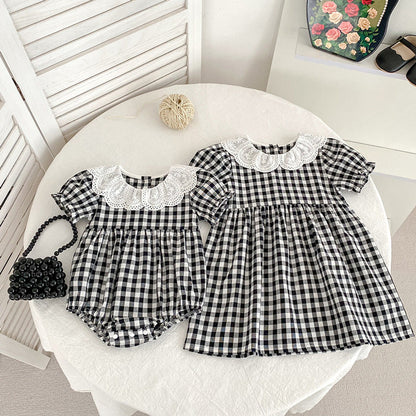 MyKids-USA® Girls Simple Plaid Pattern Short Sleeves bodysuit or Girls’ Dress – Princess Sister Matching