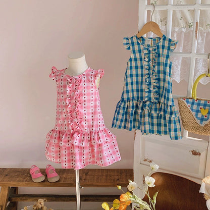 MyKids-USA® Plaid Pattern Crew Neck Front-open Sleeveless Dress for Stylish Girls
