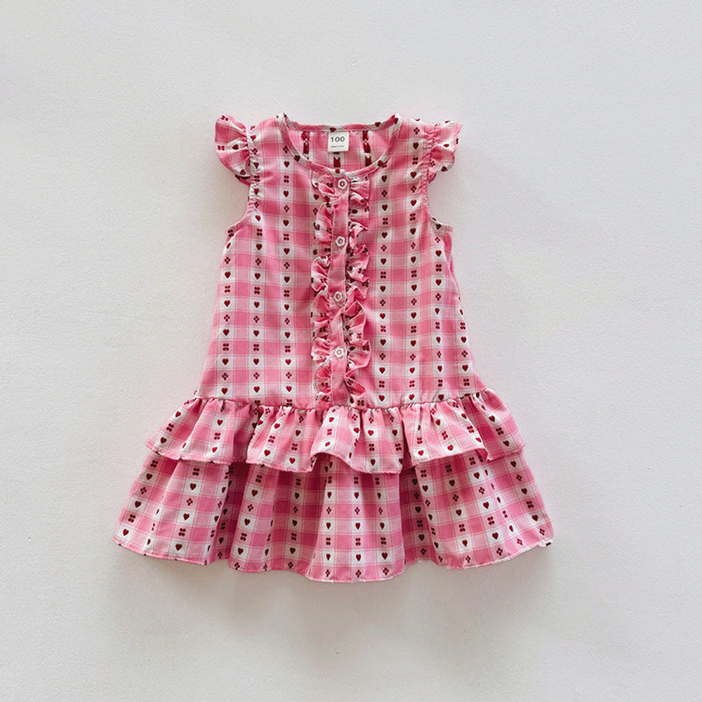 MyKids-USA® Plaid Pattern Crew Neck Front-open Sleeveless Dress for Stylish Girls