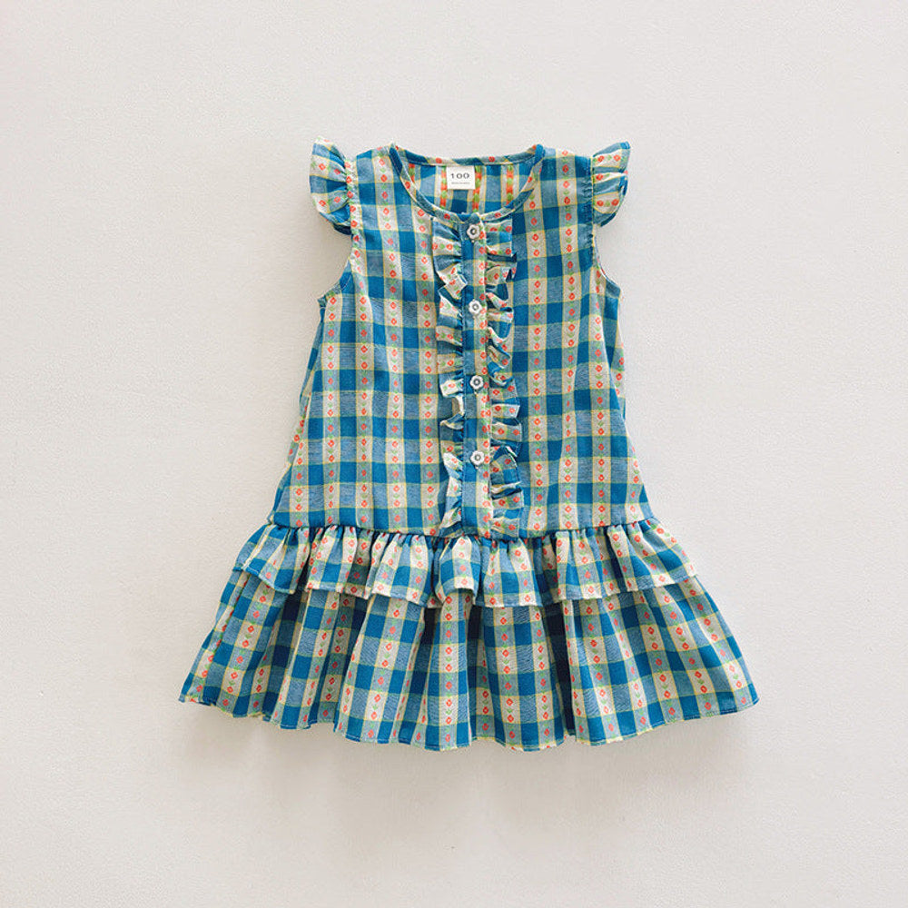 MyKids-USA® Plaid Pattern Crew Neck Front-open Sleeveless Dress for Stylish Girls