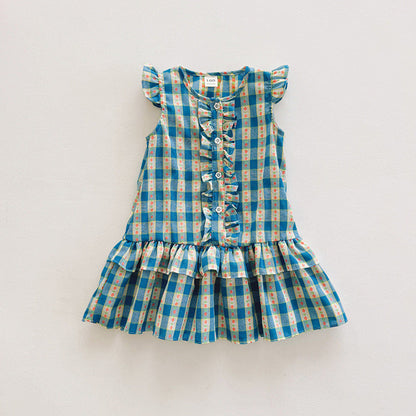 MyKids-USA® Plaid Pattern Crew Neck Front-open Sleeveless Dress for Stylish Girls