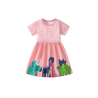 MyKids-USA® Pure Cotton Animals Cartoon Pattern Short Sleeves Dress for Stylish Girls
