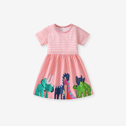 MyKids-USA® Pure Cotton Animals Cartoon Pattern Short Sleeves Dress for Stylish Girls