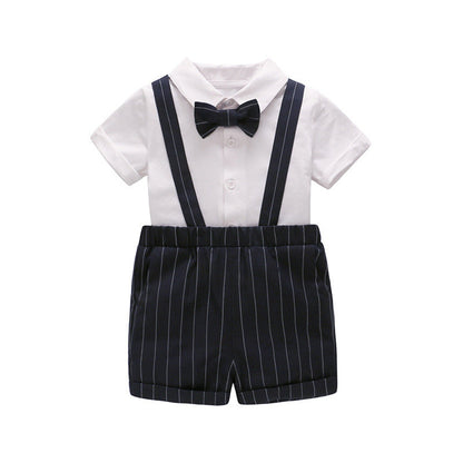 MyKids-USA® Baby Kids Boys Single Breasted Short Sleeves Shirt and Strap Overalls Clothing Set