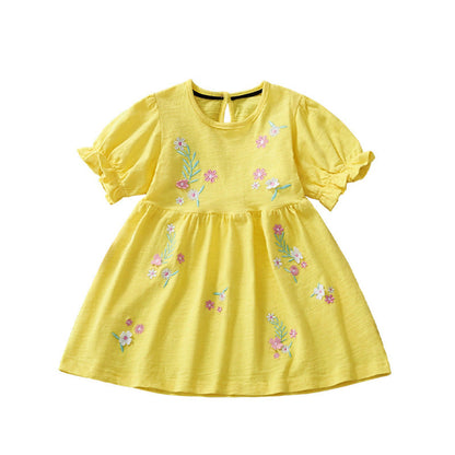 MyKids-USA® Cotton Blend Flowers Cartoon Pattern Short Sleeves Dress for Stylish Girls