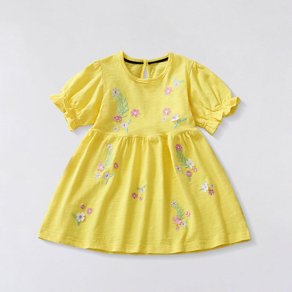 MyKids-USA® Cotton Blend Flowers Cartoon Pattern Short Sleeves Dress for Stylish Girls