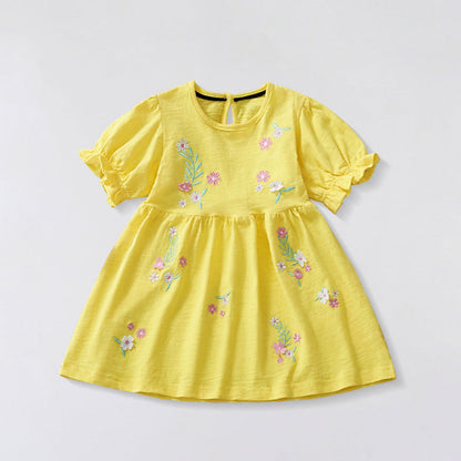 MyKids-USA® Cotton Blend Flowers Cartoon Pattern Short Sleeves Dress for Stylish Girls