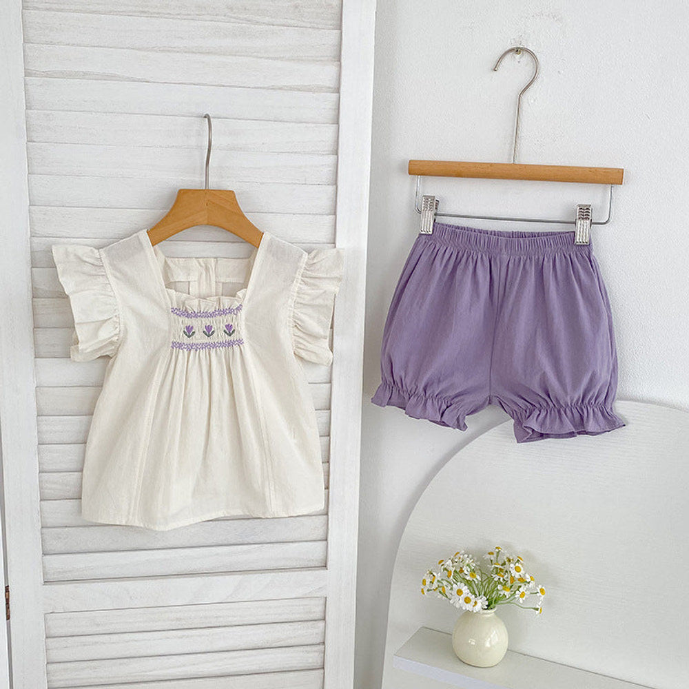 MyKids-USA® Baby Kids Flowers Pattern Fly Sleeves Top and Plain Shorts Clothing Set for Girls