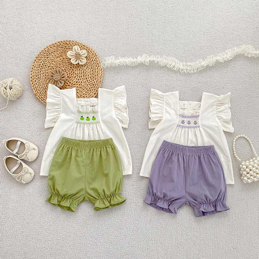 MyKids-USA® Baby Kids Flowers Pattern Fly Sleeves Top and Plain Shorts Clothing Set for Girls