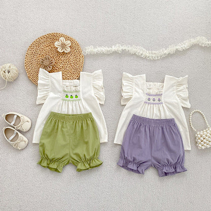 MyKids-USA® Baby Kids Flowers Pattern Fly Sleeves Top and Plain Shorts Clothing Set for Girls