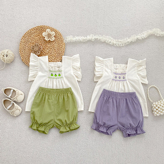MyKids-USA® Baby Kids Flowers Pattern Fly Sleeves Top and Plain Shorts Clothing Set for Girls