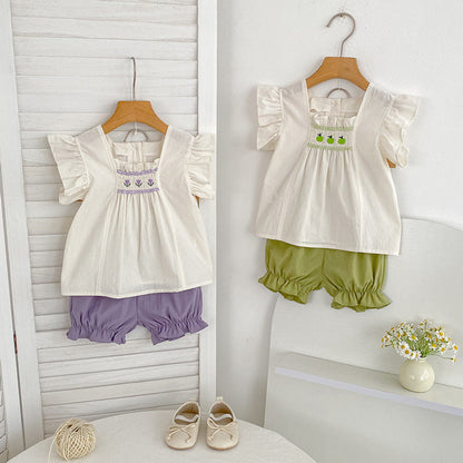 MyKids-USA® Baby Kids Flowers Pattern Fly Sleeves Top and Plain Shorts Clothing Set for Girls