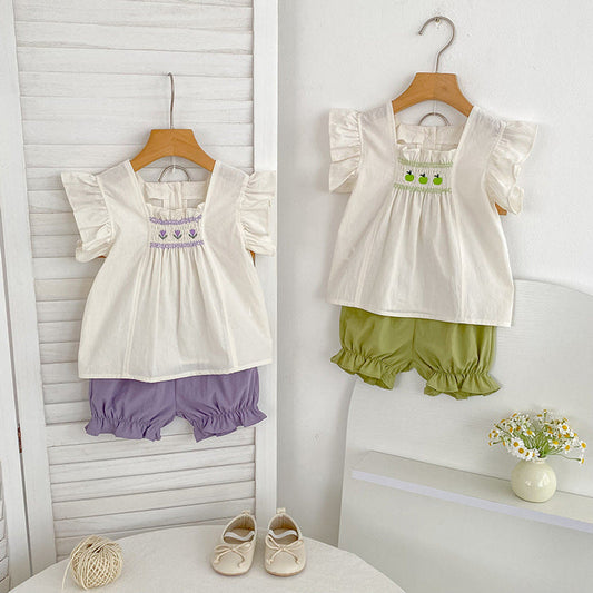 MyKids-USA® Baby Kids Flowers Pattern Fly Sleeves Top and Plain Shorts Clothing Set for Girls