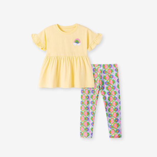 MyKids-USA® Baby Kids Rainbow Pattern Dress and Color Patchwork Flowers Pattern Pants Clothing Set for Girls
