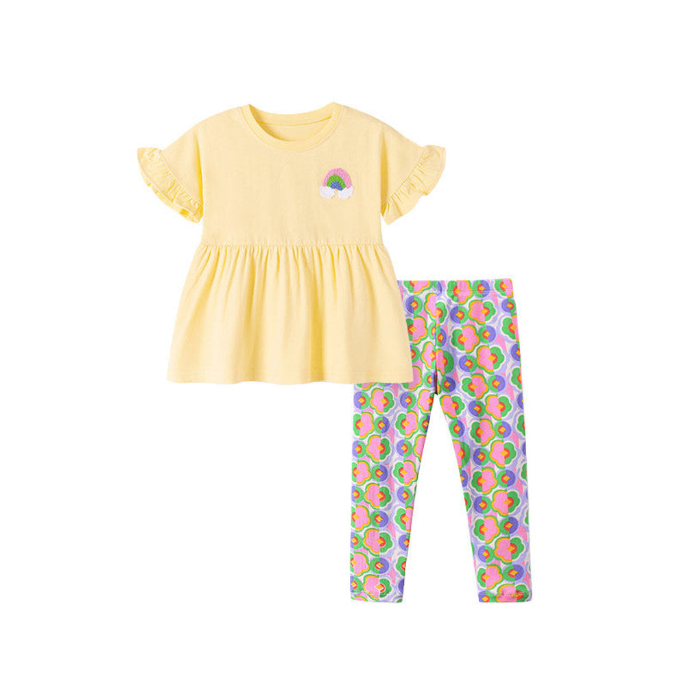 MyKids-USA® Baby Kids Rainbow Pattern Dress and Color Patchwork Flowers Pattern Pants Clothing Set for Girls