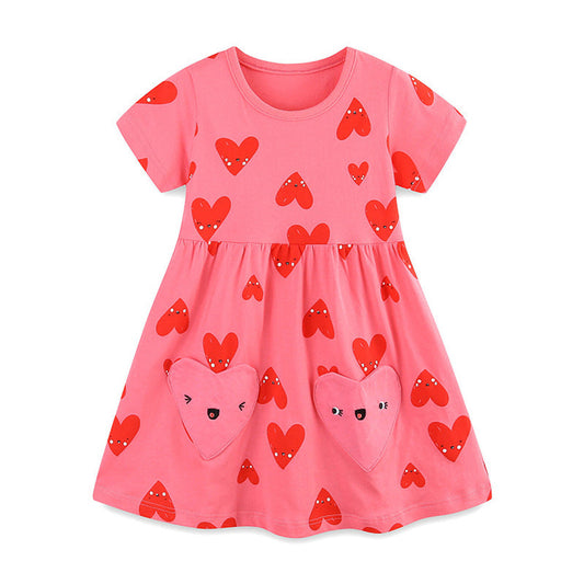 MyKids-USA® Summer Arrival Girls Short Sleeves Red Heart Pattern Dress