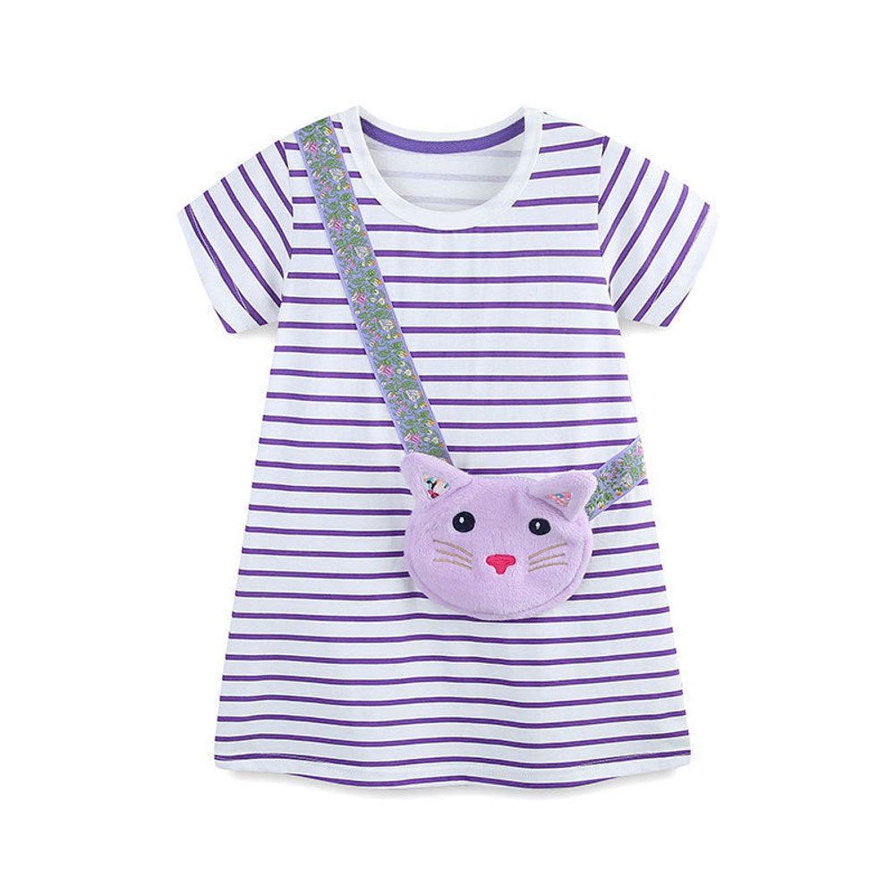 MyKids-USA® Cat Cartoon Pattern Short Sleeves Striped Dress for Stylish Girls