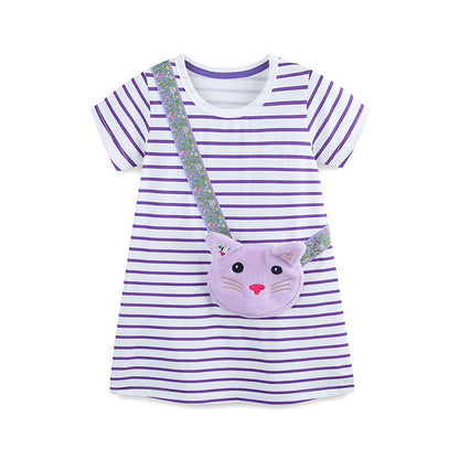 MyKids-USA® Cat Cartoon Pattern Short Sleeves Striped Dress for Stylish Girls