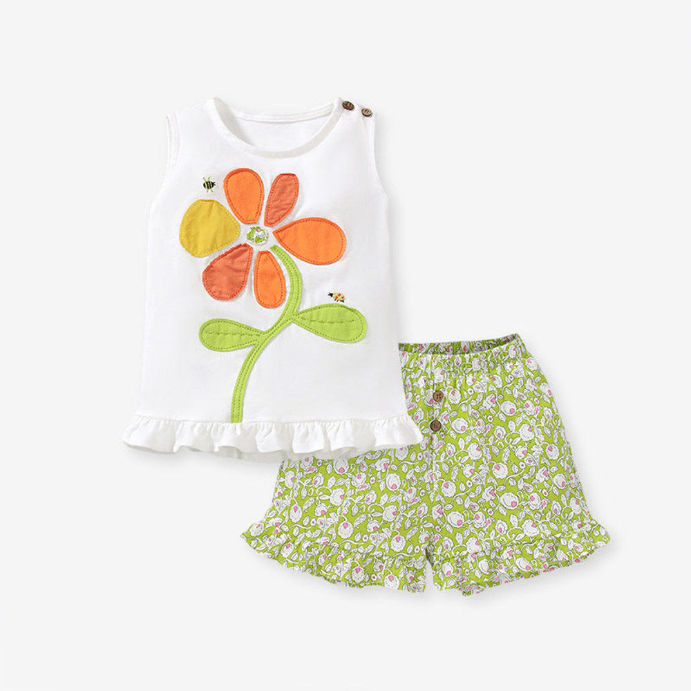 MyKids-USA® Baby Kids Flower Pattern Vest and Green Shorts Clothing Set for Girls