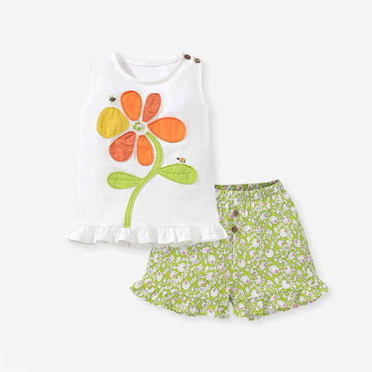 MyKids-USA® Baby Kids Flower Pattern Vest and Green Shorts Clothing Set for Girls